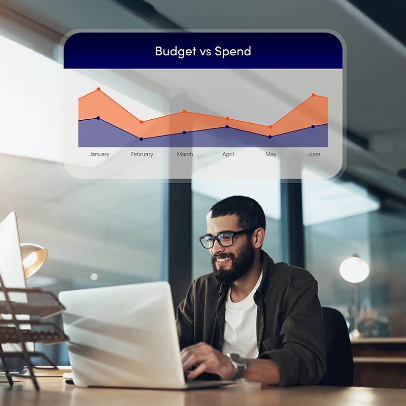 Happy HR manager reviewing budget vs spend graph on Elevate workforce management program, demonstrating powerful insights for strategic decisions.
