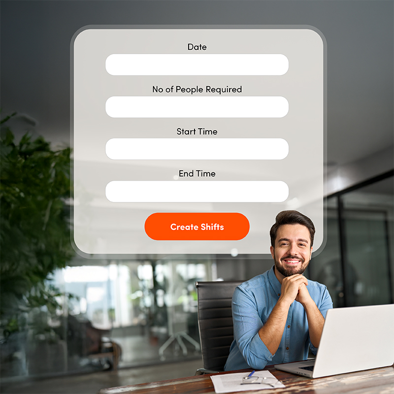 Happy office worker using Elevate workforce scheduling software, easily creating a shift, illustrating real-time scheduling and control for project and HR managers.