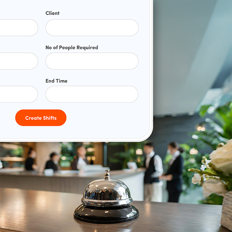 Hotel reception with bell, showing Elevate staff scheduling software for creating shifts, optimising hospitality workforce management.