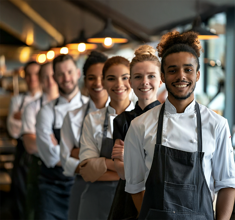 Full restaurant staff smiling in aprons and chef outfits, representing a transformed hospitality workforce with Elevate management.