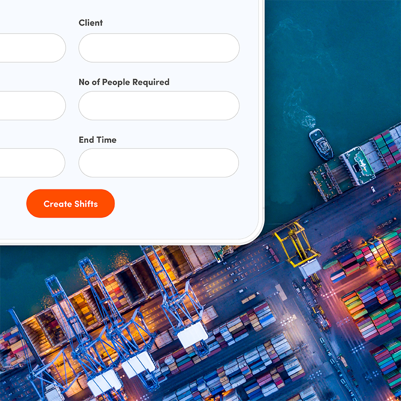 Bird's eye view of a port with Elevate labour management system for creating shifts, streamlining maritime workforce scheduling.