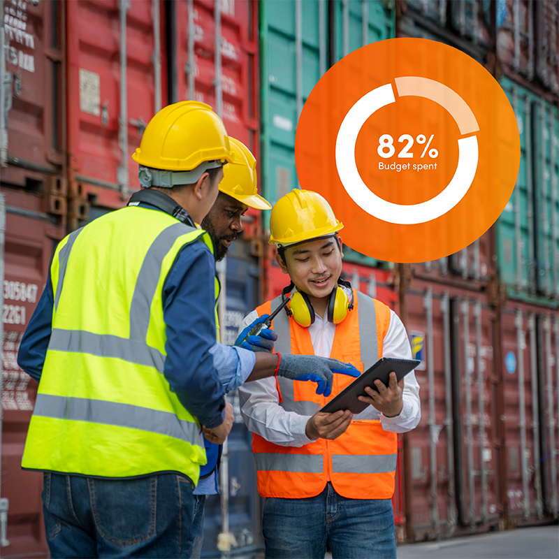 Happy port workers reviewing Elevate workforce management software on tablet with budget spend graph, ensuring budget confidence for shipping.