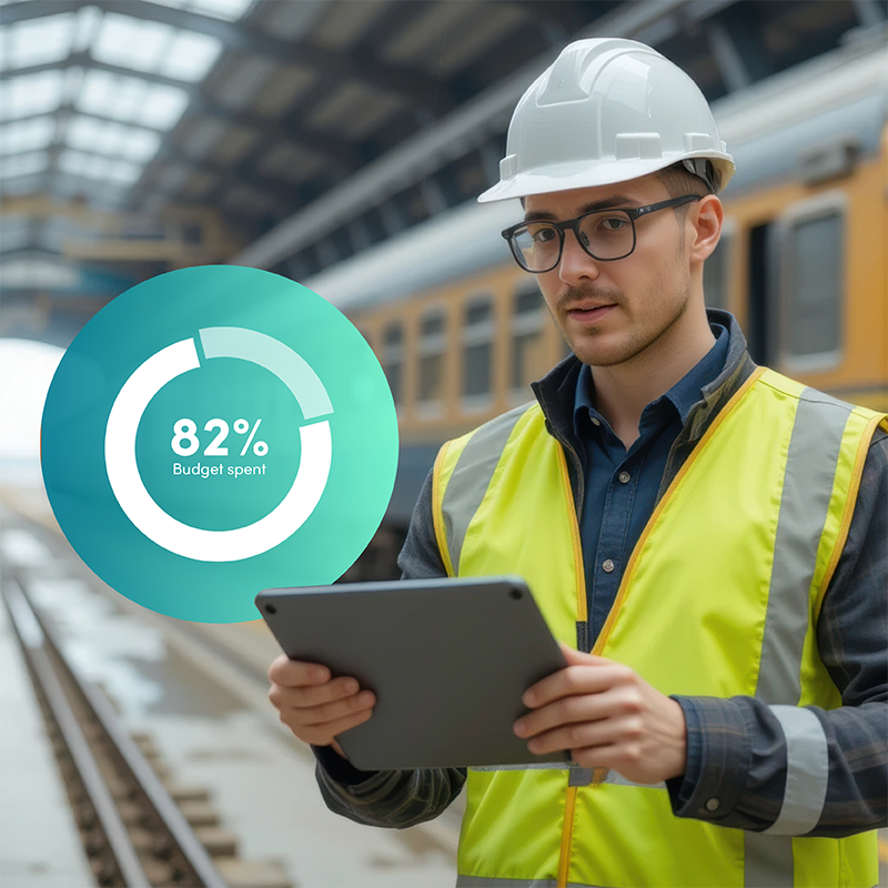 High-vis rail worker on tracks with tablet, showing Elevate workforce management software ensures budget confidence for rail labour spend.