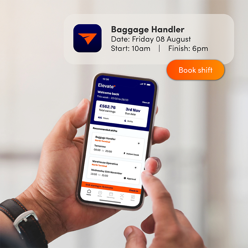 Person using Elevate worker app to book an aviation shift, connecting the workforce and simplifying staff scheduling for airport teams.