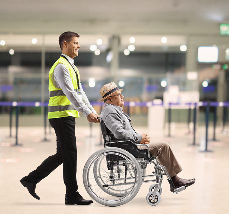 Airport passenger support assistant, ready to transform workforce management with Elevate solutions for aviation needs.