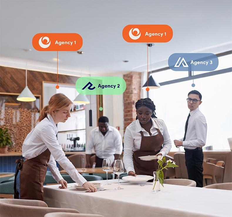 Agency hospitality workers in a hotel restaurant, managed efficiently by Elevate workforce management software for outsourced labour control.