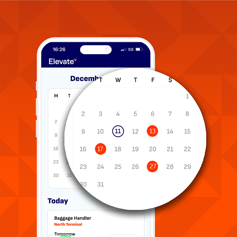 Elevate worker app displaying calendar view of booked shifts, connecting the workforce and reducing admin through staff scheduling software.