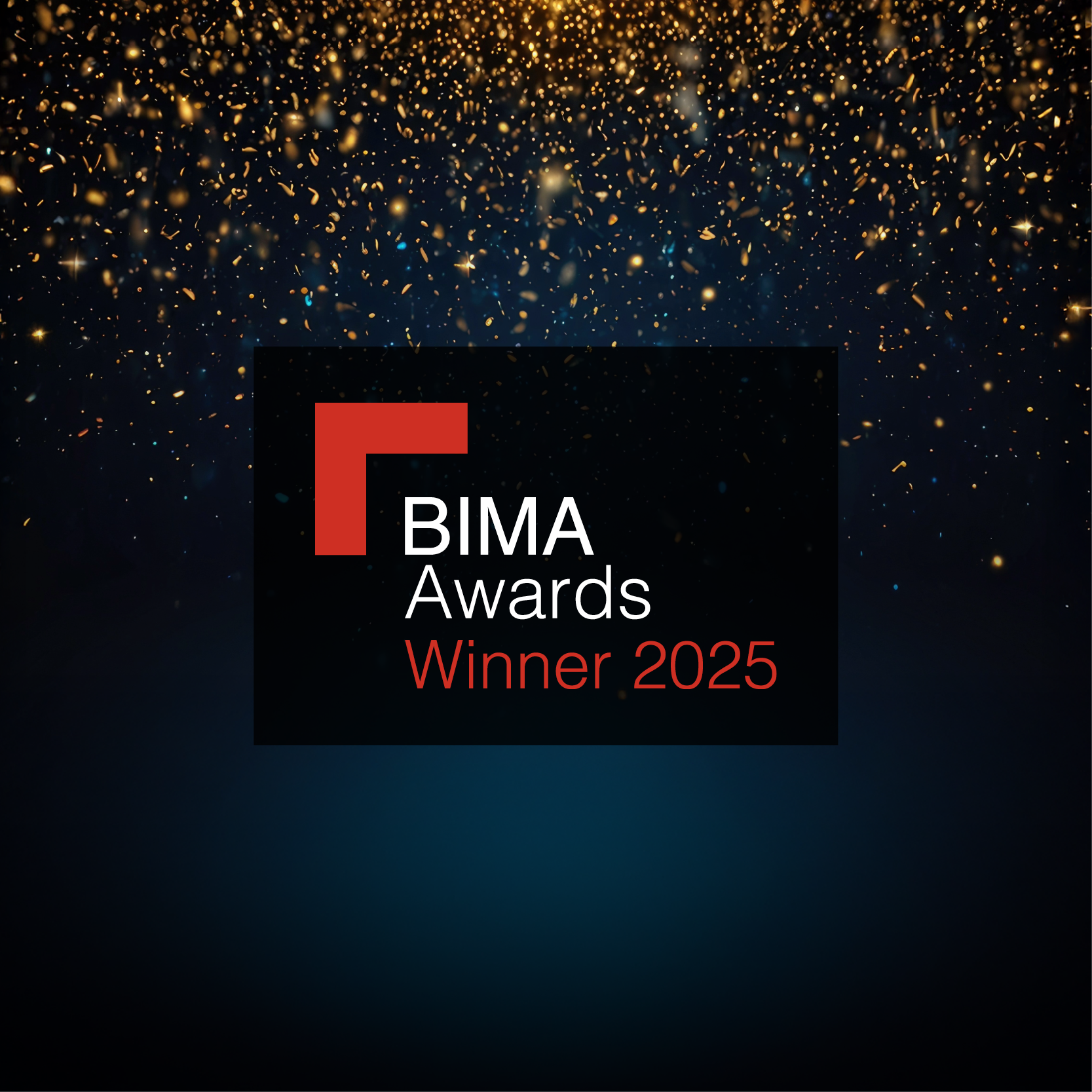 BIMA Awards 2025 Gold Winner badge with sparkling background