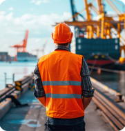 High-vis worker at shipping yard looking at cranes, representing optimised workforce management in the maritime and port industry.